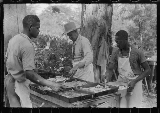 Untitled photo, possibly related to: Cooking fried supper for a benefit picnic supper on the grounds of St. Thomas' Church. Near Bardstown, Kentucky