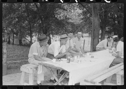 Legionnaires eating and drinking beer at American Legion fish fry, Oldham County, Post 39, near Louisville, Kentucky