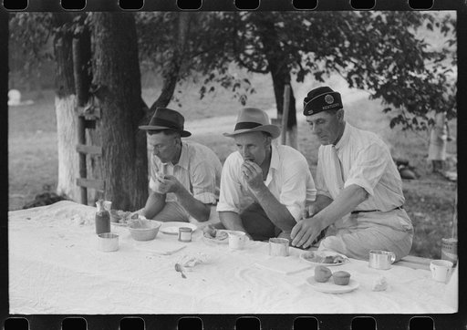 Legionnaires eating and drinking beer at American Legion fish fry, Oldham County, Post 39, near Louisville, Kentucky