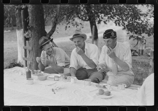 Untitled photo, possibly related to: Legionnaires eating and drinking beer at American Legion fish fry, Oldham County, Post 39, near Louisville, Kentucky