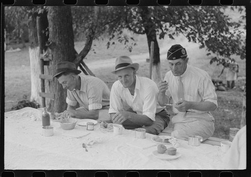 Untitled photo, possibly related to: Legionnaires eating and drinking beer at American Legion fish fry, Oldham County, Post 39, near Louisville, Kentucky