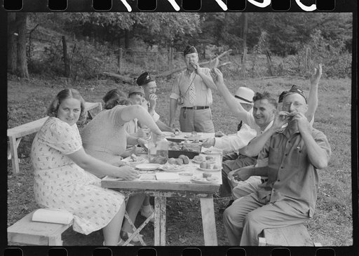 Untitled photo, possibly related to: Legionnaires eating and drinking beer at American Legion fish fry, Oldham County, Post 39, near Louisville, Kentucky