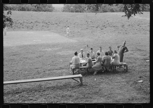 Untitled photo, possibly related to: Legionnaires and their wives eating and drinking beer at American Legion fish fry, Oldham County, Post 39, near Louisville, Kentucky