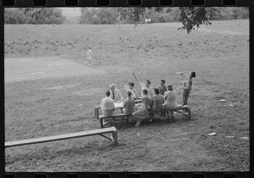Legionnaires and their wives eating and drinking beer at American Legion fish fry, Oldham County, Post 39, near Louisville, Kentucky