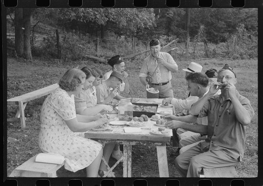 Legionnaires and their wives eating at American Legion fish fry, Oldham County, Post 39, near Louisville, Kentucky