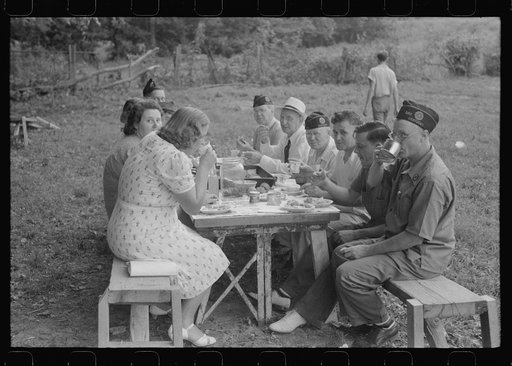 Untitled photo, possibly related to: Legionnaires and their wives eating and drinking beer at American Legion fish fry, Oldham County, Post 39, near Louisville, Kentucky