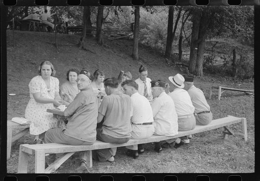 Untitled photo, possibly related to: Legionnaires and their wives eating and drinking beer at American Legion fish fry, Oldham County, Post 39, near Louisville, Kentucky