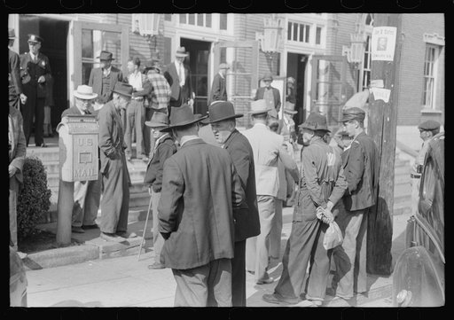 Untitled photo, possibly related to: Farmers and townspeople in front of federal building on court day, Jackson, Kentucky