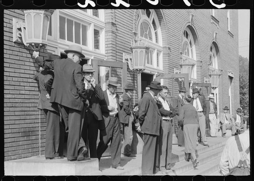 Untitled photo, possibly related to: Farmers and townspeople in front of federal building on court day, Jackson, Kentucky