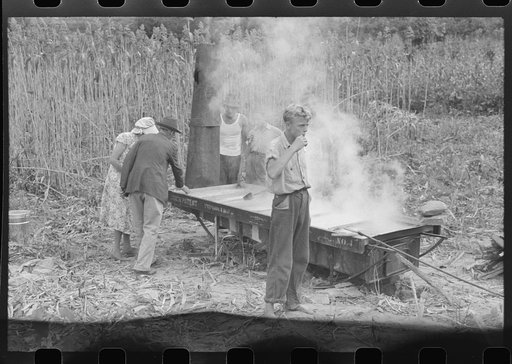 In the early fall during "syrupping off" time many of the children stay home from school to eat the freshly boiled down sorghum cane syrup. The cook usually goes to the various farms in the neighborhood and for his work takes a share of the syrup. On the highway between Jackson and Campton, Kentucky