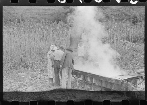 Untitled photo, possibly related to: In the early fall during "syrupping off" time many of the children stay home from school to eat the freshly boiled down sorghum cane syrup. The cook usually goes to the various farms in the neighborhood and for his work takes a share of the syrup. On the highway 