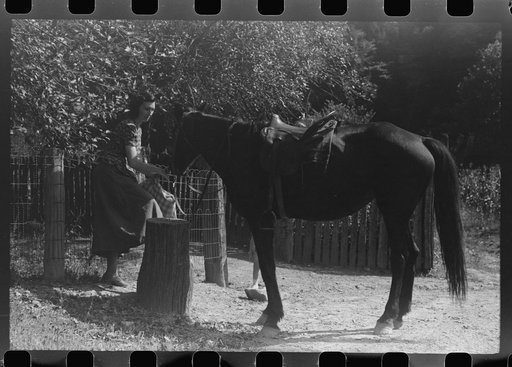 Untitled photo, possibly related to: Woman using mounting block up Burton's Fork, Kentucky River, near Jackson, Kentucky