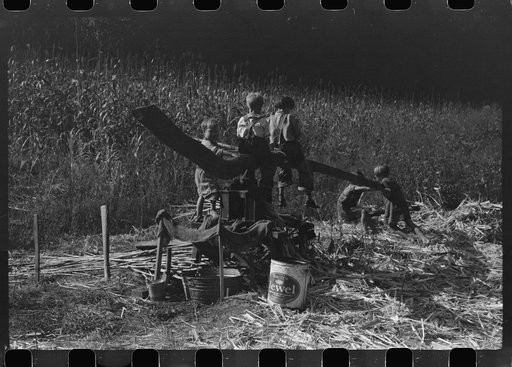 Untitled photo, possibly related to: Ginning the sorghum cane while making syrup at a mountaineer's home in Breathitt County, Kentucky