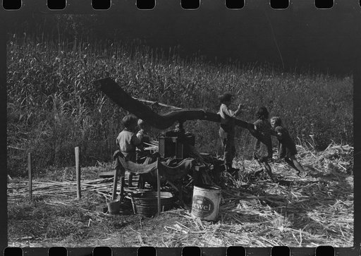 Untitled photo, possibly related to: Ginning the sorghum cane while making syrup at a mountaineer's home in Breathitt County, Kentucky
