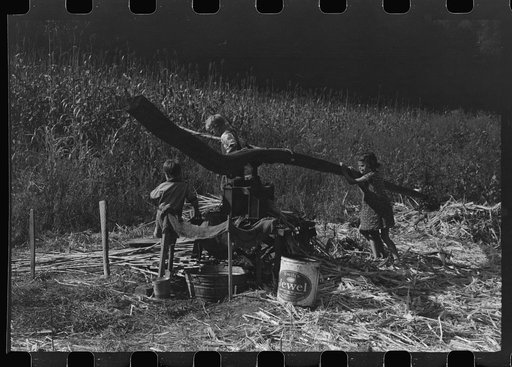 Untitled photo, possibly related to: Ginning the sorghum cane while making syrup at a mountaineer's home in Breathitt County, Kentucky