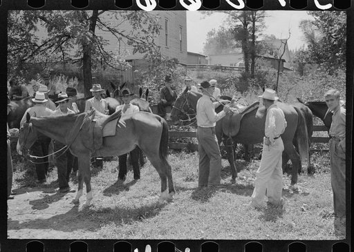 Untitled photo, possibly related to: Farmers trading mules and horses on "Jockey Street" in Campton, Kentucky
