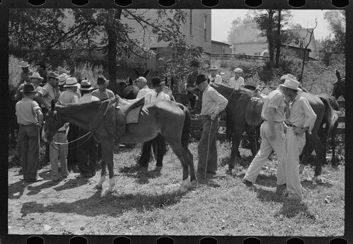 Untitled photo, possibly related to: Farmers trading mules and horses on "Jockey Street" in Campton, Kentucky