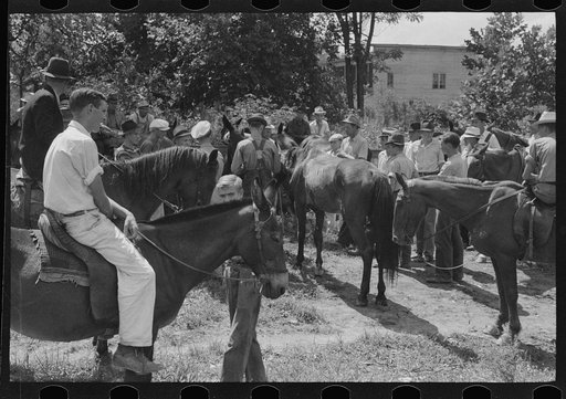 Untitled photo, possibly related to: Farmers trading mules and horses on "Jockey Street" in Campton, Kentucky