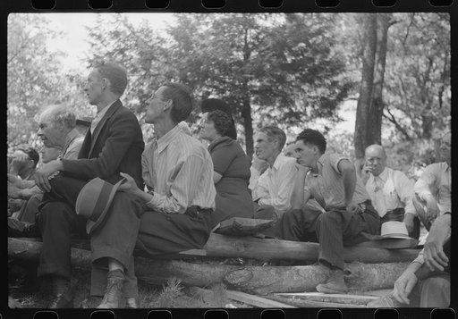 Untitled photo, possibly related to: Friends and relatives of the deceased listening to the preacher at an annual memorial meeting. Up Frozen Creek, near Jackson, Breathitt County, Kentucky. See general caption no. 1.