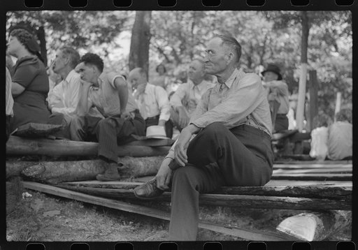 Untitled photo, possibly related to: Friends and relatives of the deceased listening to the preacher at an annual memorial meeting. Up Frozen Creek, near Jackson, Breathitt County, Kentucky. See general caption no. 1.