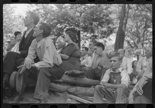 Untitled photo, possibly related to: Friends and relatives of the deceased listening to the preacher at an annual memorial meeting. Up Frozen Creek, near Jackson, Breathitt County, Kentucky. See general caption no. 1.