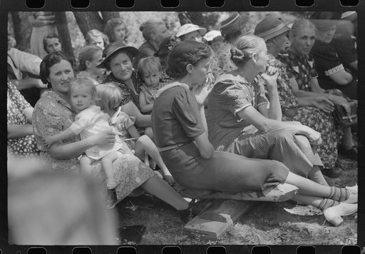 Untitled photo, possibly related to: Friends and relatives of the deceased listening to the preacher at an annual memorial meeting. Up Frozen Creek, near Jackson, Breathitt County, Kentucky. See general caption no. 1.
