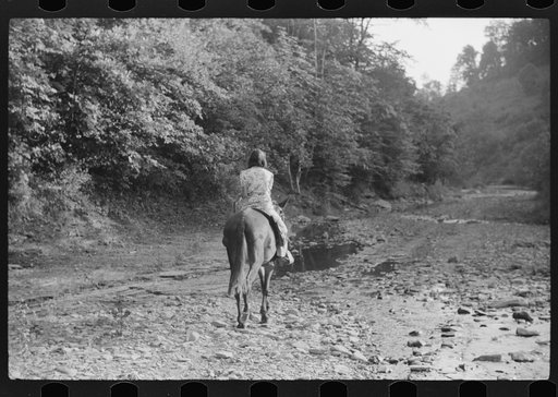 Untitled photo, possibly related to: Mountain girl riding home from school on muleback. Up South fork of the Kentucky River. Breathitt County, Kentucky
