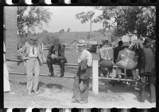 Farmers hanging around courthouse on court day during lunch hour. Campton, Kentucky