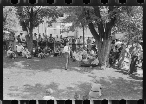 Untitled photo, possibly related to: Community people listening to itinerant preacher in courtyard on court day, Campton, Kentucky