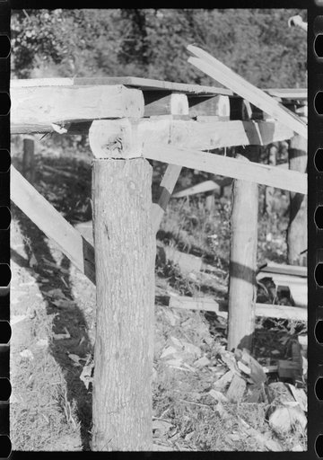 Untitled photo, possibly related to: Corner joint of a mountaineer's new home under construction. Near Jackson, Breathitt County, Kentucky