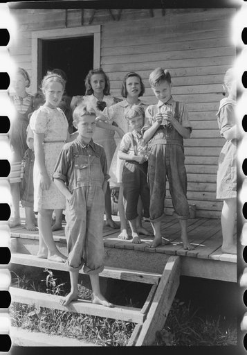 Mountain children on steps of school in Breathitt County, Kentucky
