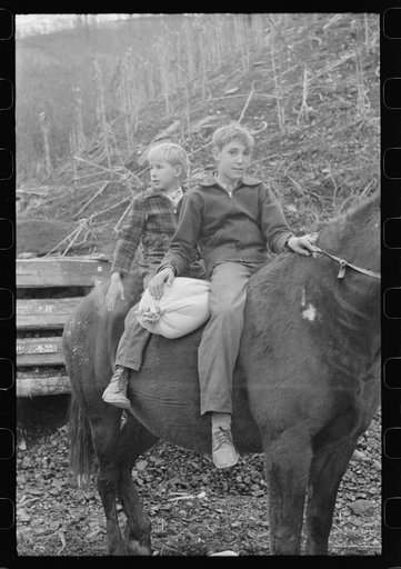 Untitled photo, possibly related to: FSA (Farm Security Administration) borrower's children returning home on muleback with a sack of meal. Knox County, Kentucky
