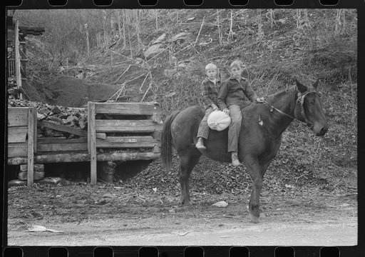 Untitled photo, possibly related to: FSA (Farm Security Administration) borrower's children returning home on muleback with a sack of meal. Knox County, Kentucky
