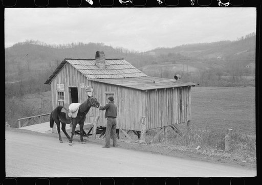 Mule carrying sack of meal in front of country store, Knox County, Kentucky