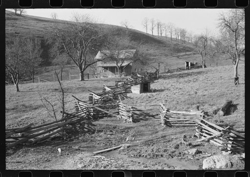 Rail fence and farm home. Near Luray, Virginia