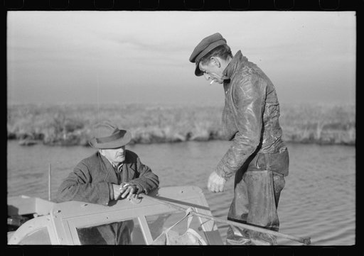 Spanish trapper talking to his helper about the scarcity of muskrats this year because of the flood and adverse weather conditions. In the marshland near Delacroix Island, Louisiana