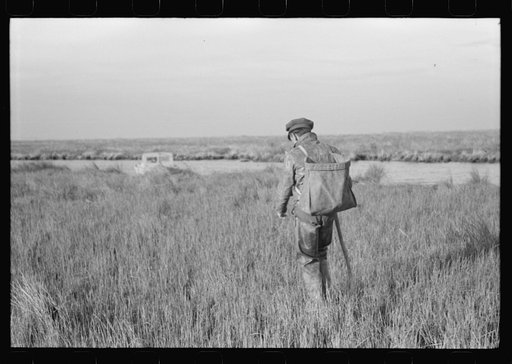 Spanish trapper returning to the bayou after checking up on his muskrat traps. In the marshland near Delacroix Island, Louisiana