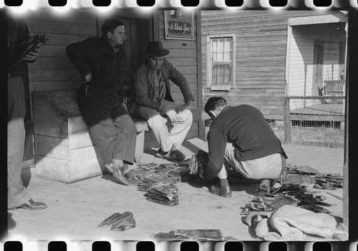 Grading muskrats while fur buyers and Spanish trappers look on, during auction sale on porch of community store in St. Bernard, Louisiana