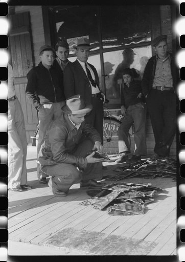 Grading muskrats while fur buyers and Spanish trappers look on, during auction sale on porch of community store in St. Bernard, Louisiana