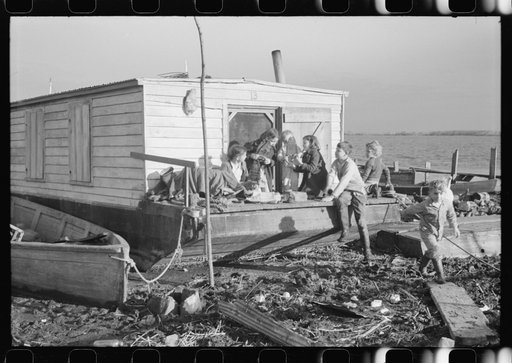 Spanish trappers' children playing in front of their camp in the marshes near Delacroix Island, Louisiana. See general caption no. 1