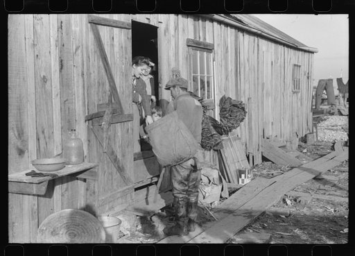Spanish trapper's family looking in his bag at his "catch" of muskrats. In front of their camp in the marshes near Delacroix Island, Louisiana. See general caption no. 1