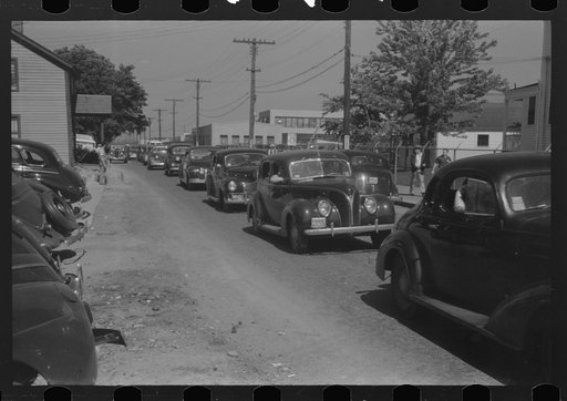Untitled photo, possibly related to: Congestion outside Pratt and Whitney United aircraft plant at afternoon change of shift. East Hartford, Connecticut