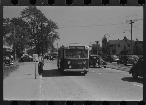 Untitled photo, possibly related to: Buses which take many workers home in front of United Aircraft, Pratt and Whitney plant, East Hartford Connecticut