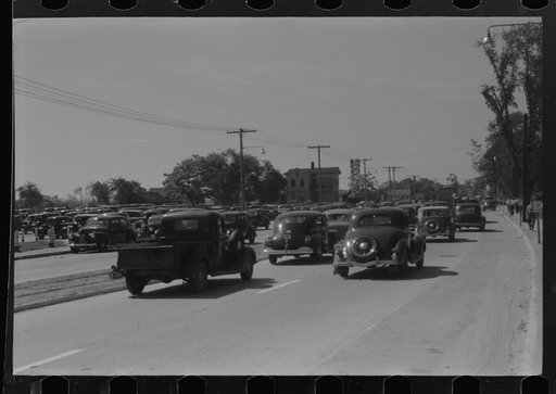 Congestion outside United Aircraft plant at afternoon change of shift. East Hartford Connecticut
