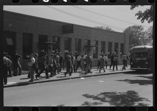 Untitled photo, possibly related to: Workers leaving plant at afternoon change of shift, Pratt and Whitney, United Aircraft, East Hartford, Connecticut