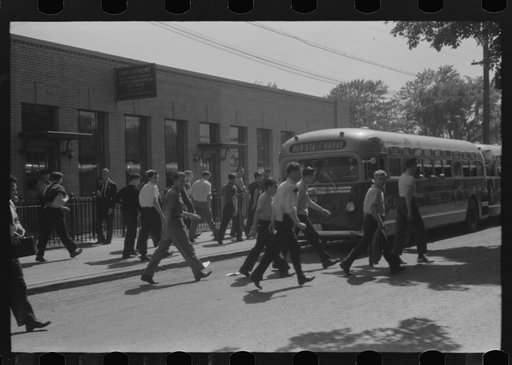Workers leaving plant at afternoon change of shift, Pratt and Whitney, United Aircraft, East Hartford, Connecticut