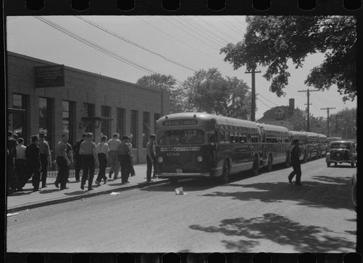Workers leaving plant at afternoon change of shift, Pratt and Whitney, United Aircraft, East Hartford, Connecticut