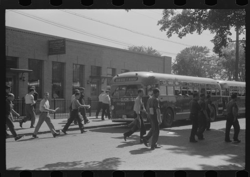Untitled photo, possibly related to: Workers leaving plant at afternoon change of shift, Pratt and Whitney, United Aircraft, East Hartford, Connecticut