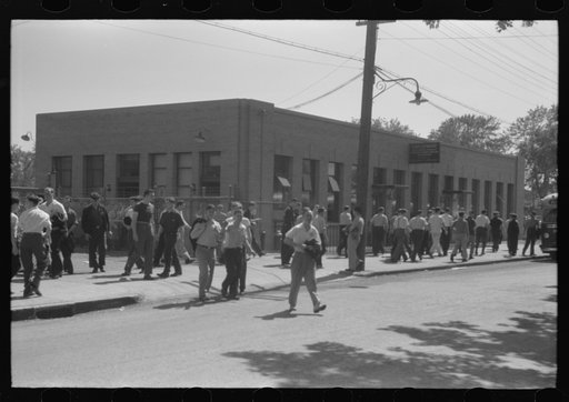 Workers leaving plant at afternoon change of shift, Pratt and Whitney, United Aircraft, East Hartford, Connecticut