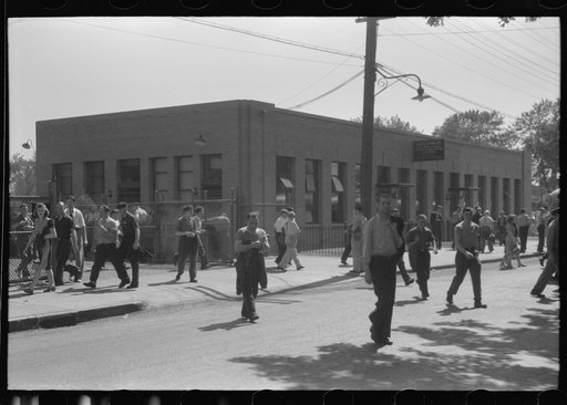 Untitled photo, possibly related to: Workers leaving plant at afternoon change of shift, Pratt and Whitney, United Aircraft, East Hartford, Connecticut
